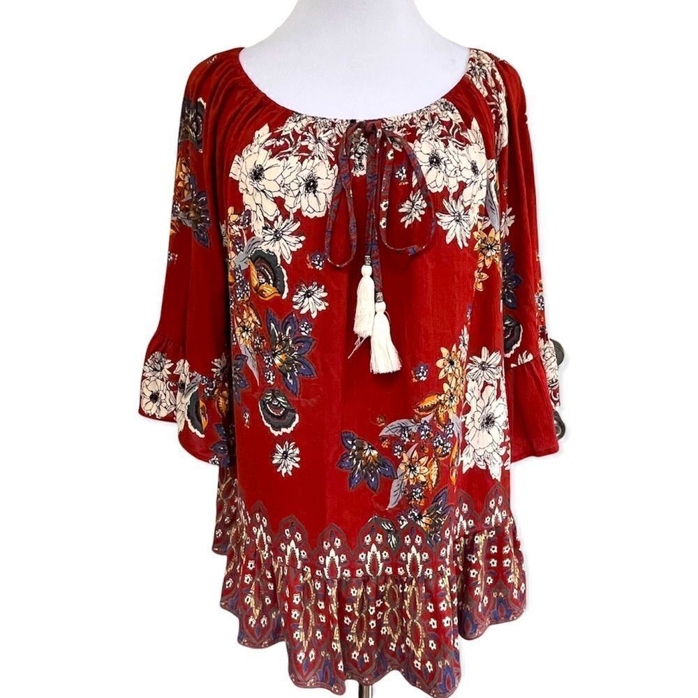 Lola P floral boho bell sleeve ruffle blouse M NWT